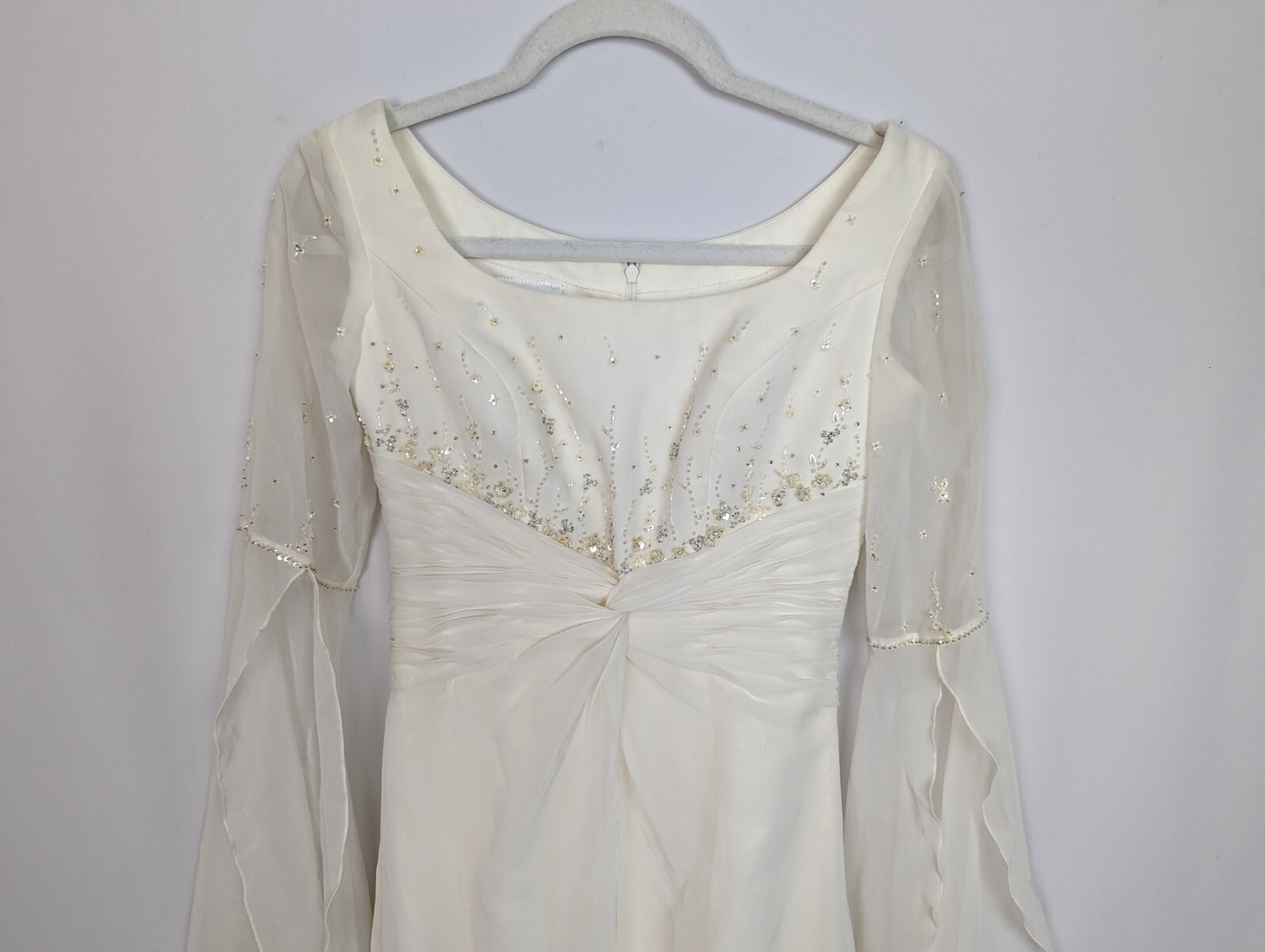 St. Patrick Sz 6 Ivory Wedding Gown Long Draped Sheer Sleeves Train Embellished