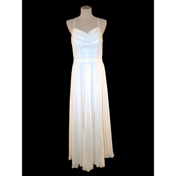 JJ’s House Ivory Chiffon Maxi Wedding Dress NWT Size 10 Cowl Neck A-Line Formal
