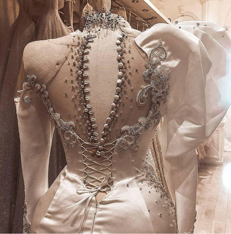 Luxury Satin Mermaid Wedding Dresses Buttons Back Ruffles Train Beaded Bridal