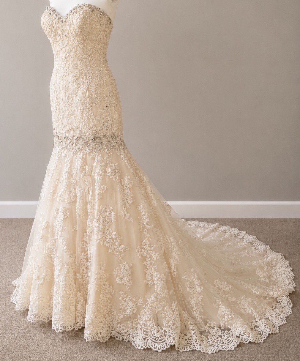 Allure Bridals Strapless Mermaid Wedding Dress Champagne Ivory Beaded Lace