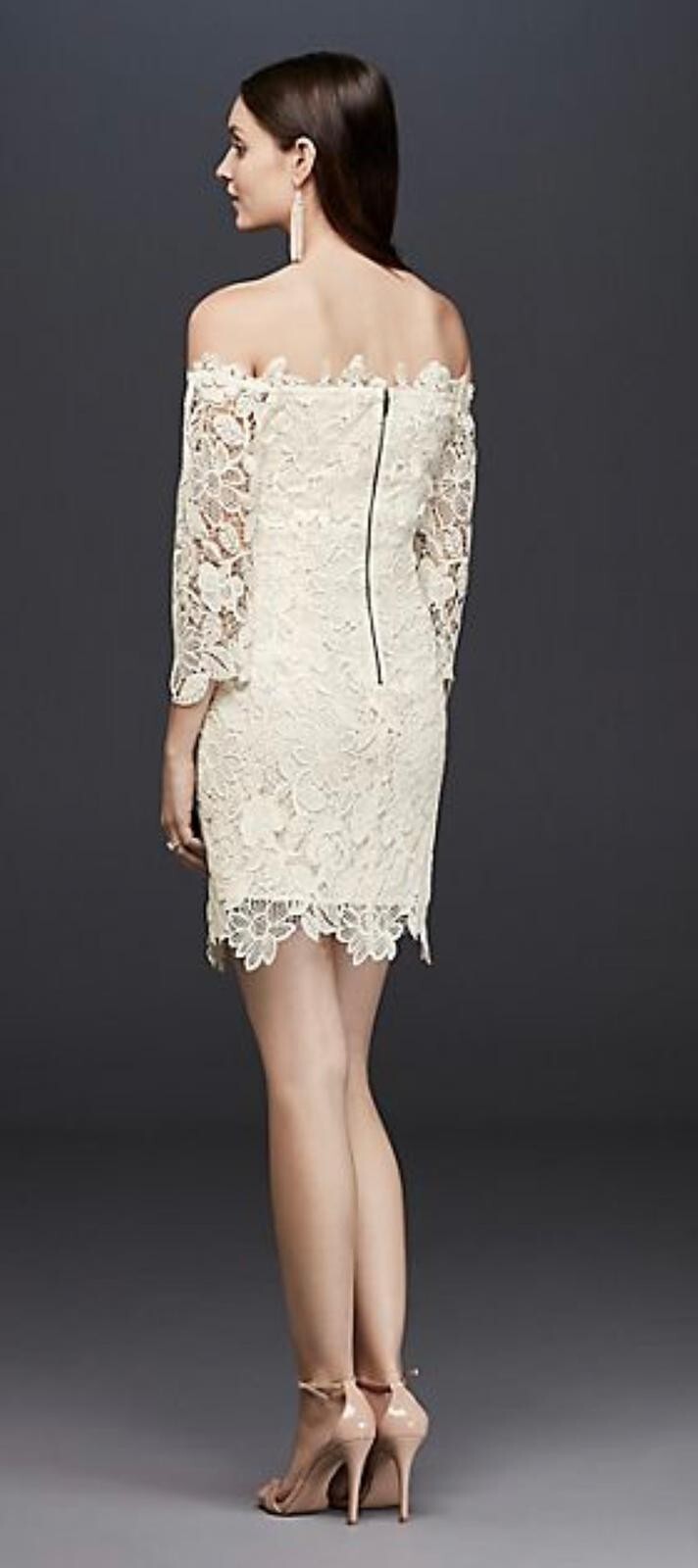 David’s Bridal Lace Sheath Wedding Dress S Off-The-Shoulder 3/4 Sleeve Ivory NWT
