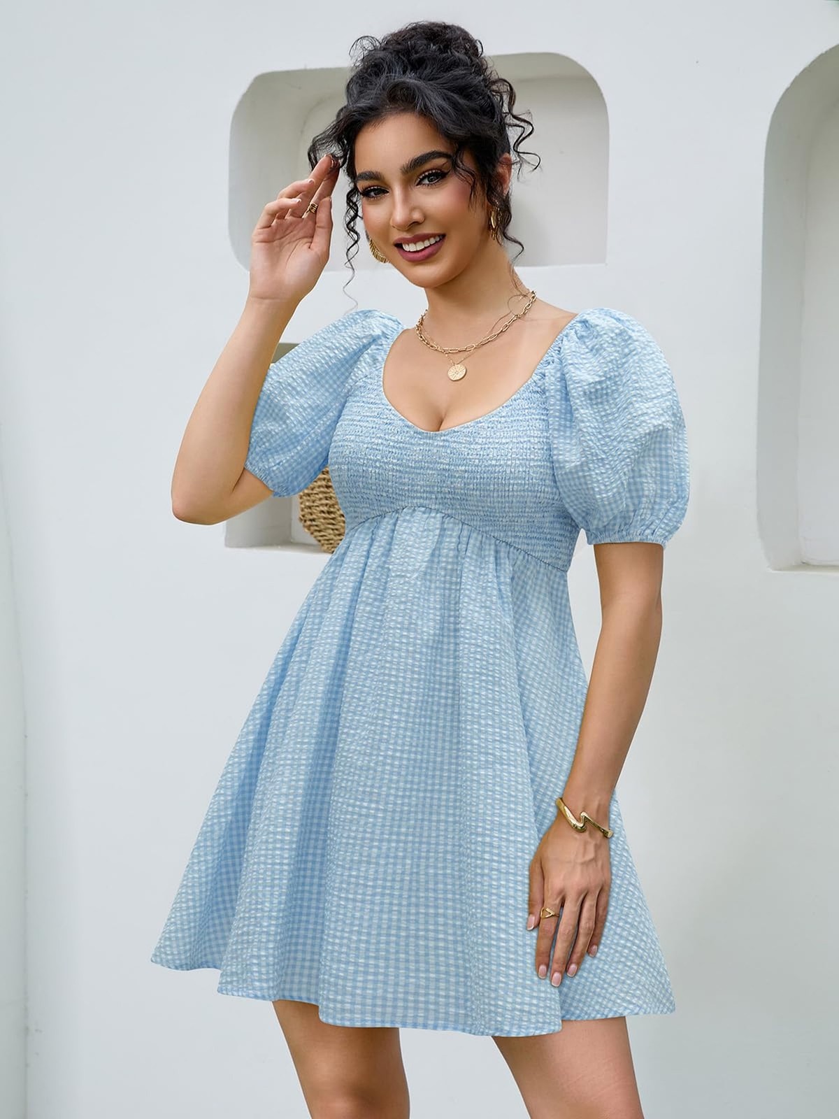 Women’s Summer Casual Puff Sleeve Babydoll Dress V Neck Empire Waist Boho Swi…