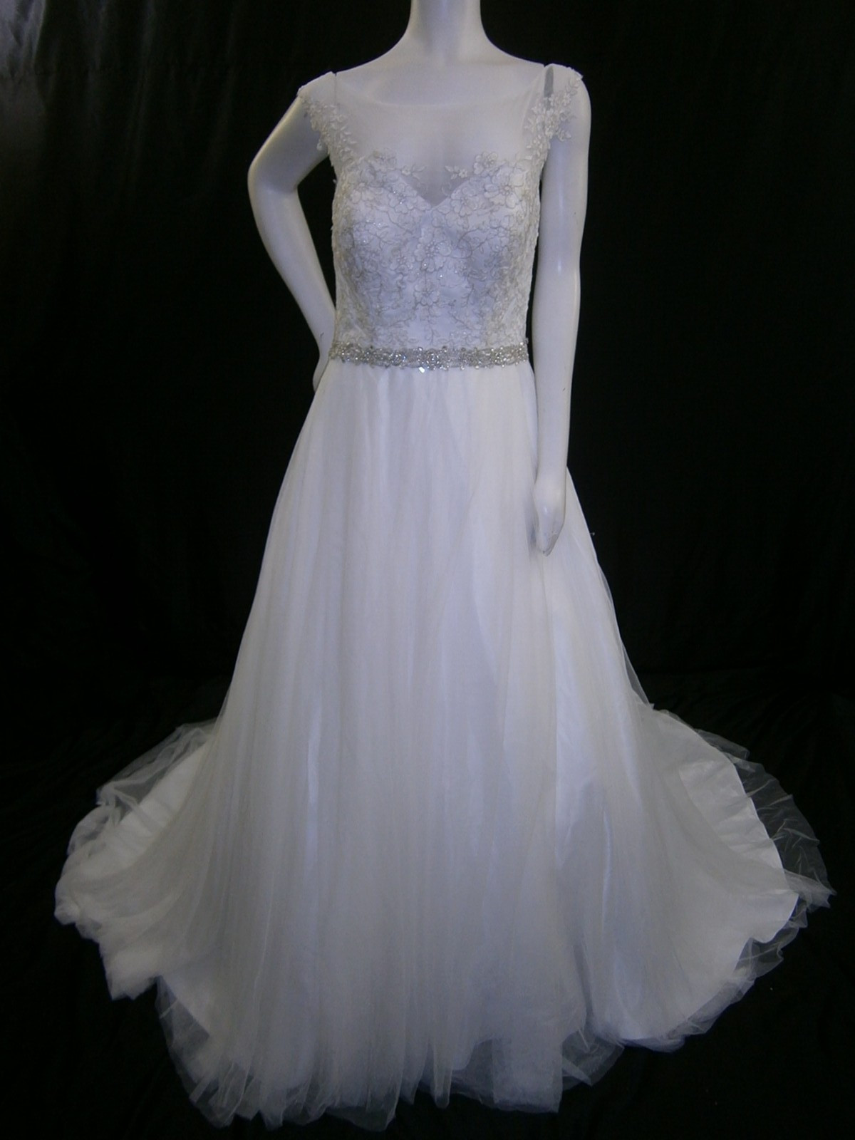 DaVinci Wedding Dress 10-12 Off-White Tulle Ball Gown Bling Belt Illusion Modern