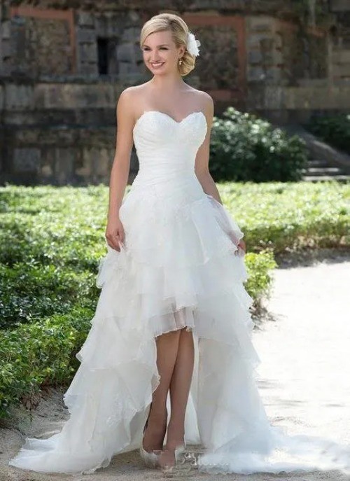 Sleeveless White High Low Country A line Wedding dress Pleated Beach Bridal Gown