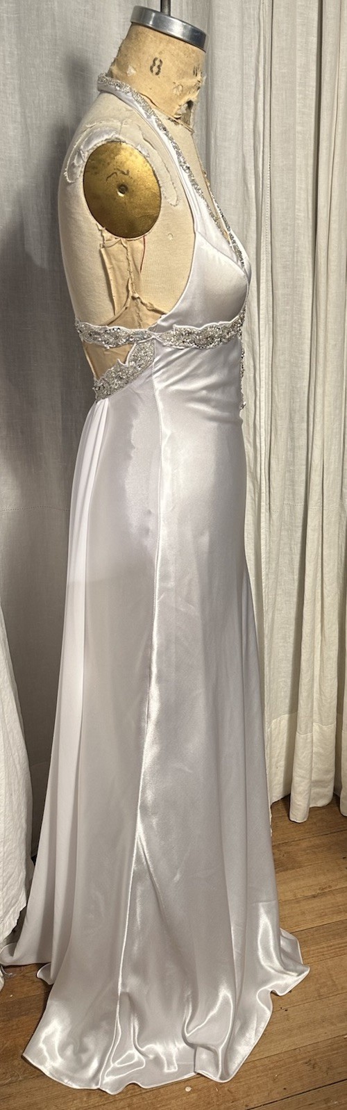Sean Couture White Satin Silver Beads Ect. Halter L Gown/Wedding Dress SzXXS Use