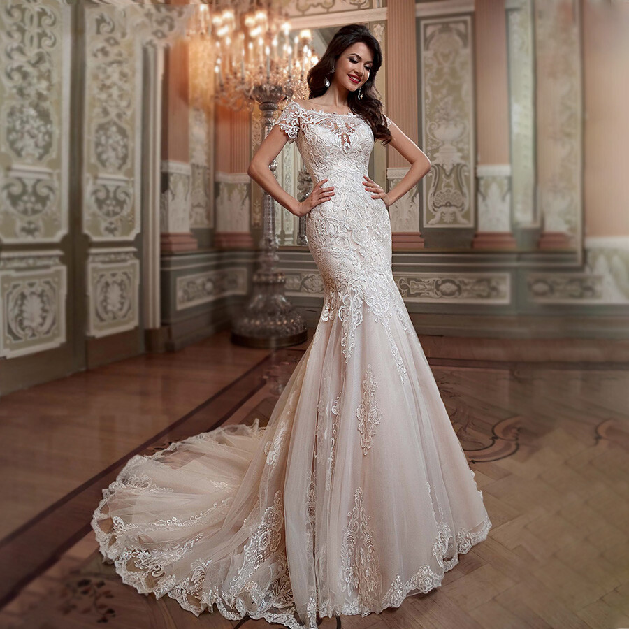 Sexy Mermaid WeddingDresses Short Sleeve Lace ​ Applique ​BridalGown Custom Size