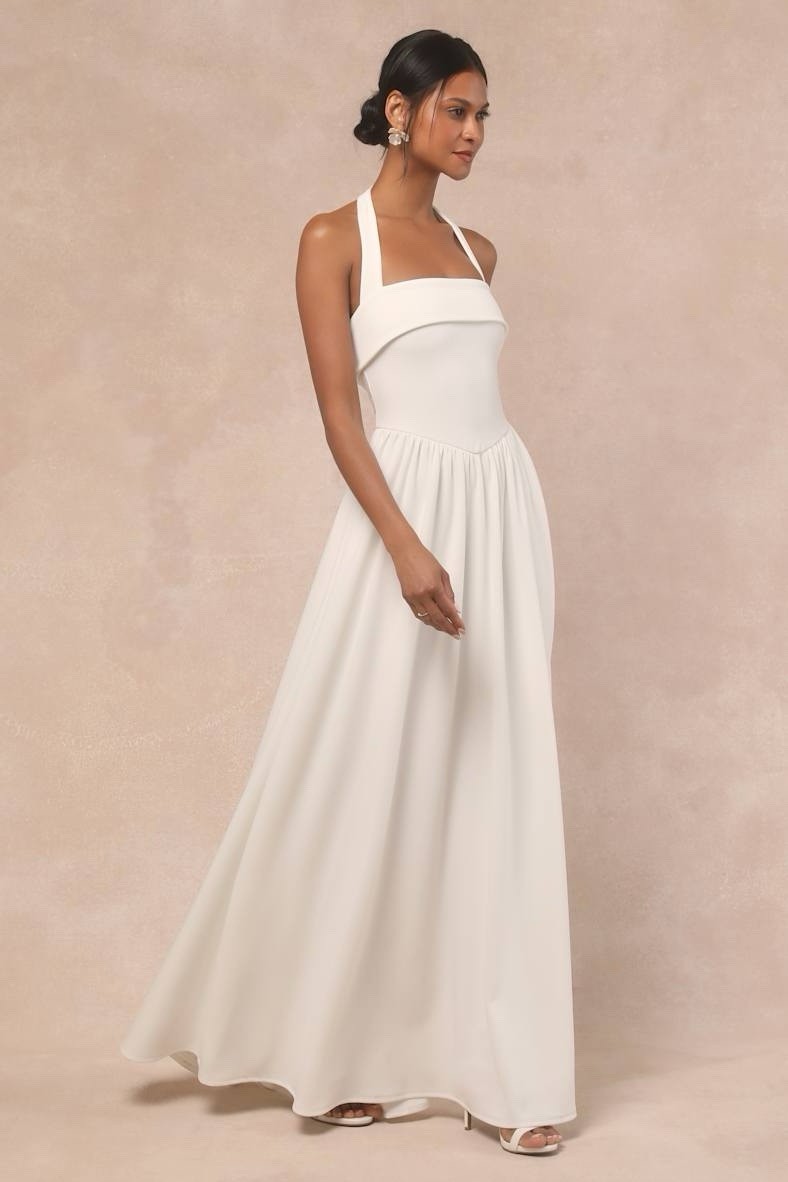 Lulus Telia Wedding Dress Sz Large White Halter Basque Waist Maxi Minimalist