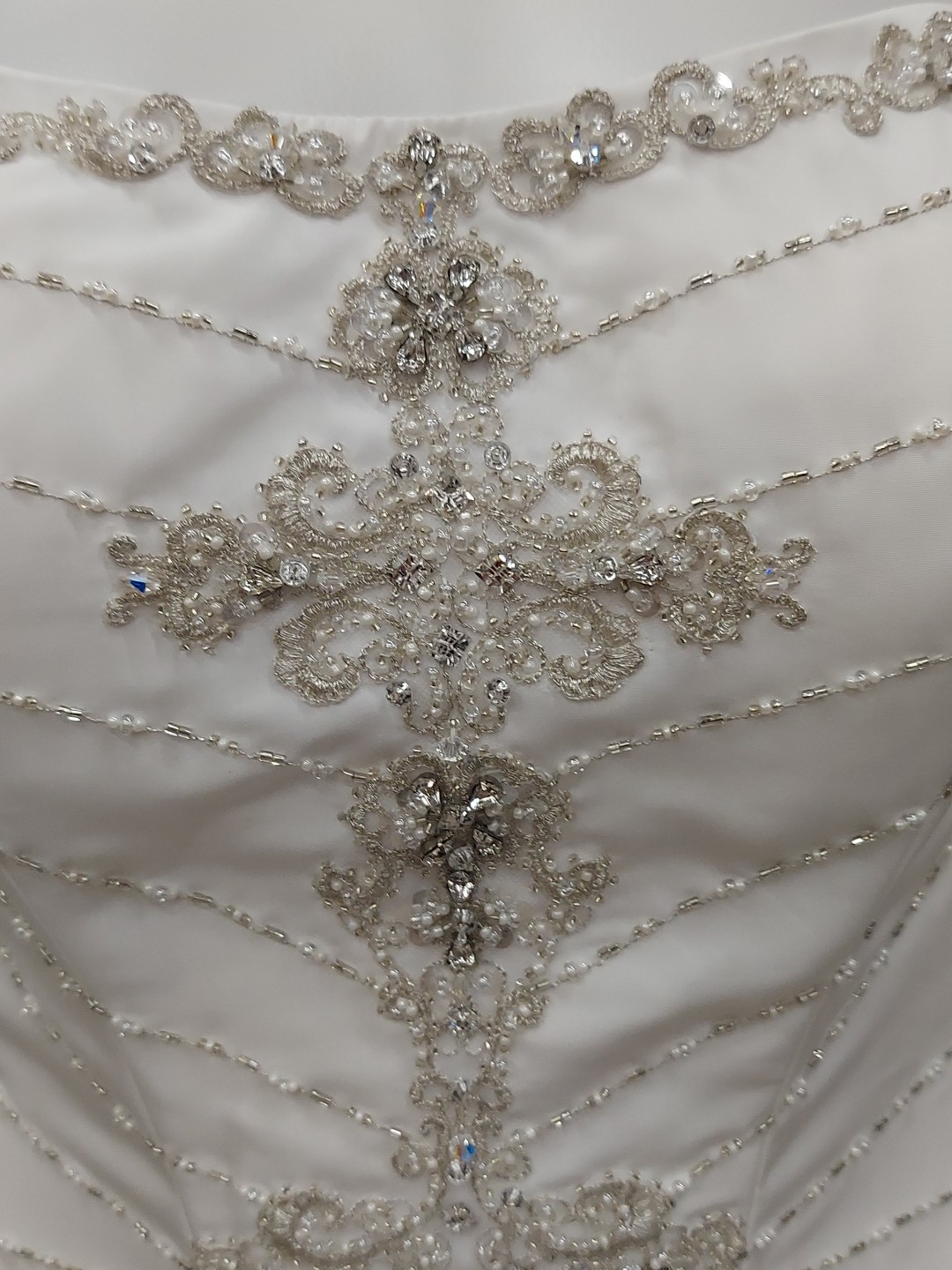 Eden Bridal White Pearl Beaded Gem Cementrical Train Adjustable Lace Down Back