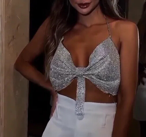 Full Crystal Bow Top, Handmade Lux Brand Design, Rhinestone Disco Top