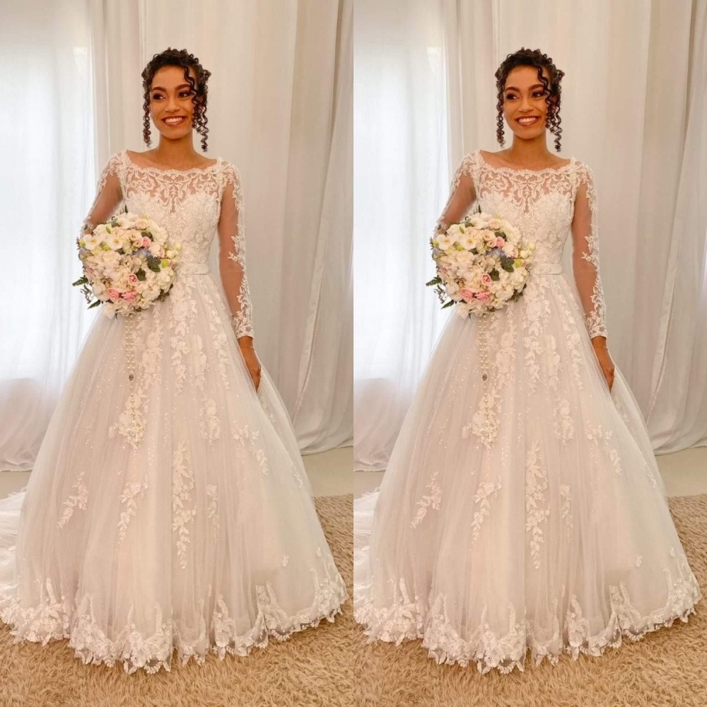 Elegant Wedding Dresses Long Sleeve Lace Applique A Line Sweep Train Bridal Gown