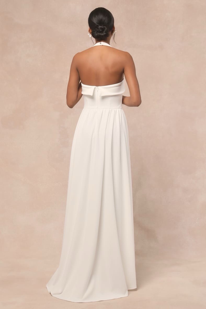 Lulus Telia Wedding Dress Sz Large White Halter Basque Waist Maxi Minimalist