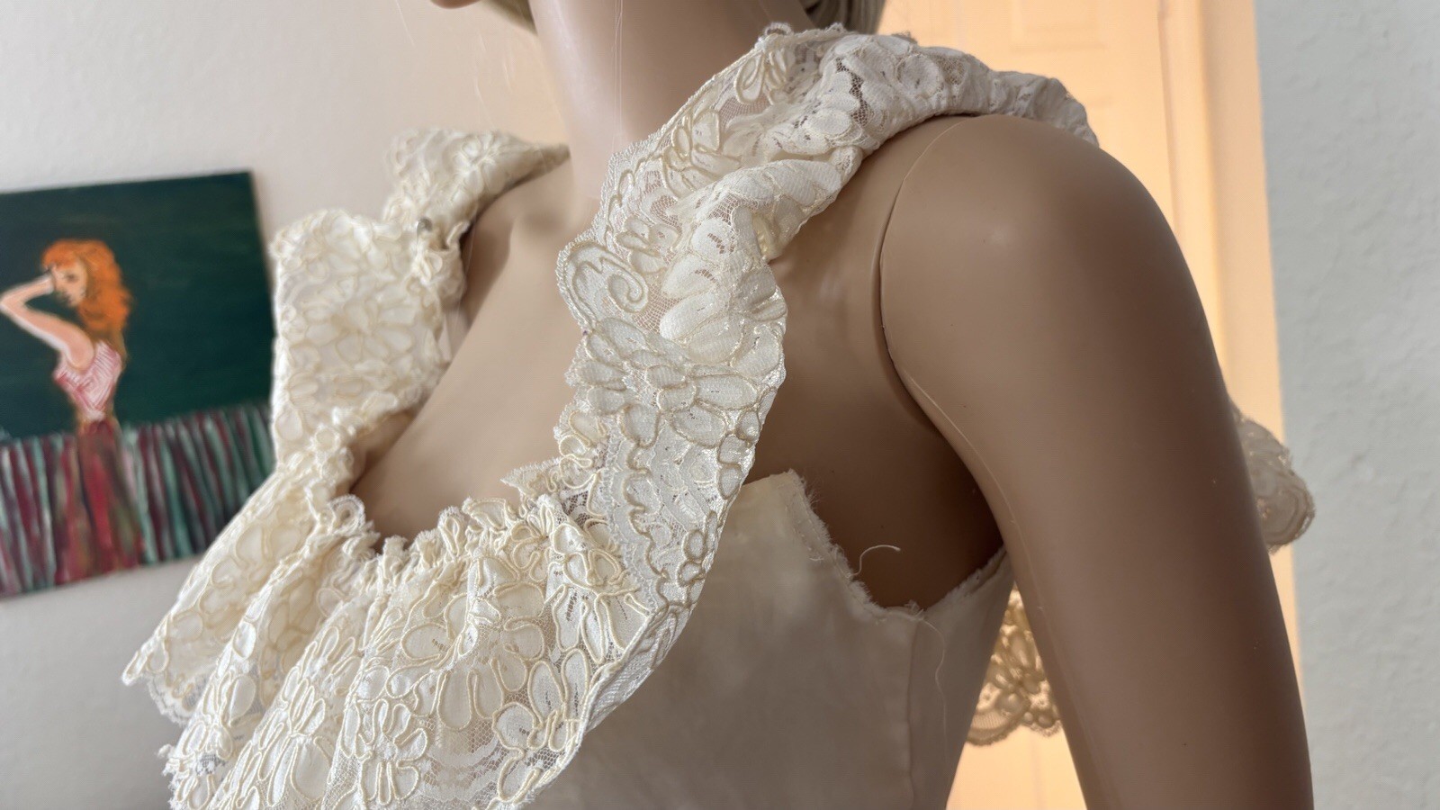 VTG 60s OffShoulder Ivory Wedding Gown Dress Lace Ruffle Romantic Fairytale XS/S