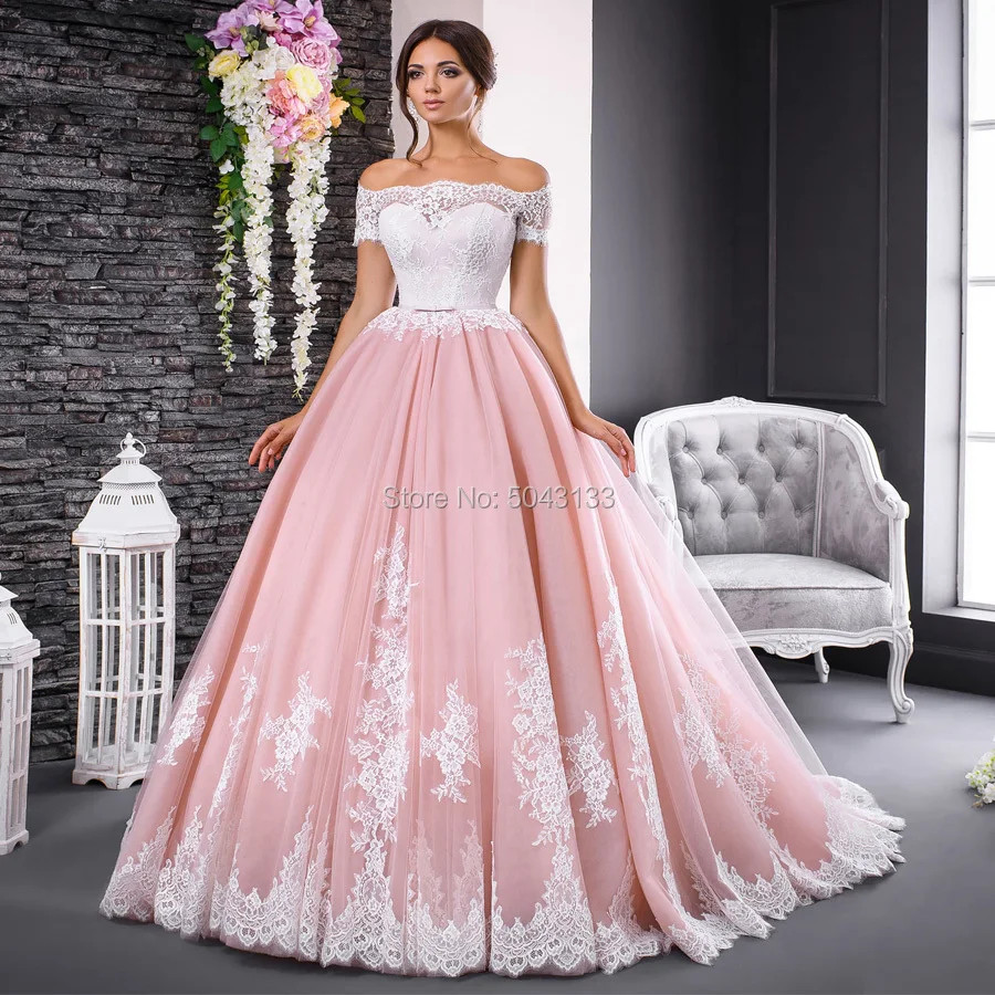 Pink and White Wedding Dress Lace Applique Boat Neck Off Shoulder Short Sleeves