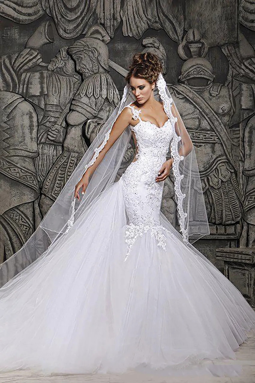 Lace appliques Mermaid Wedding Dresses Court Train Transparent Back Bridal Gowns