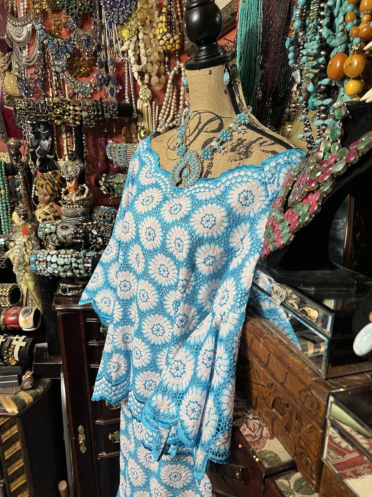 Gorgeous Vintage Handmade Crochet Lace In Turquoise & White Shirt & Top Size XXL