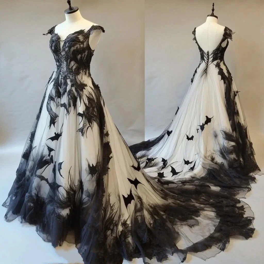 Gothic Black White Wedding Dresses Sleeveless Backless Lace Applique Bridal Gown