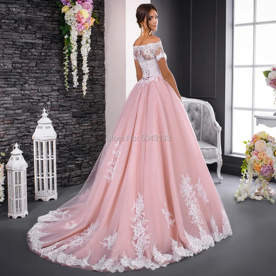 Pink and White Wedding Dress Lace Applique Boat Neck Off Shoulder Short Sleeves