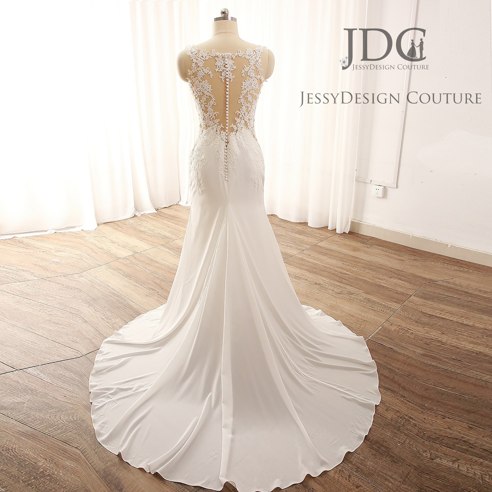 Summer fit flare crepe mermaid wedding dress wedding dress with tulle train
