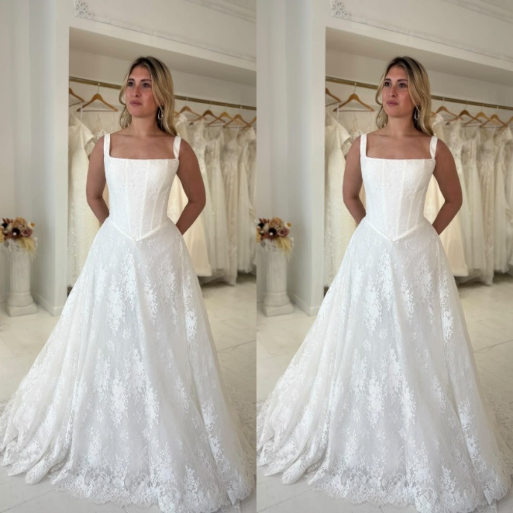 Boho Wedding Dresses Sleeveless A Line Exquisite Lace Tulle Bridal Gowns
