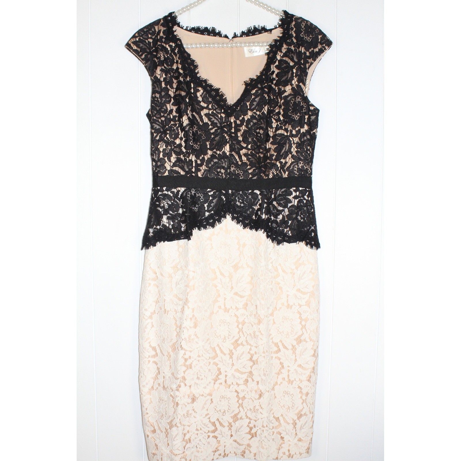 Eliza J Black and White Lace Nude Fully Lined Knee Length Dress Size 4