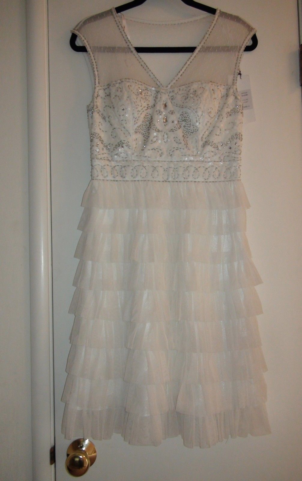 Sue Wong Art Deco Illusion Beaded Bodice Layered Ruffle Short Dress NWT -Size 12