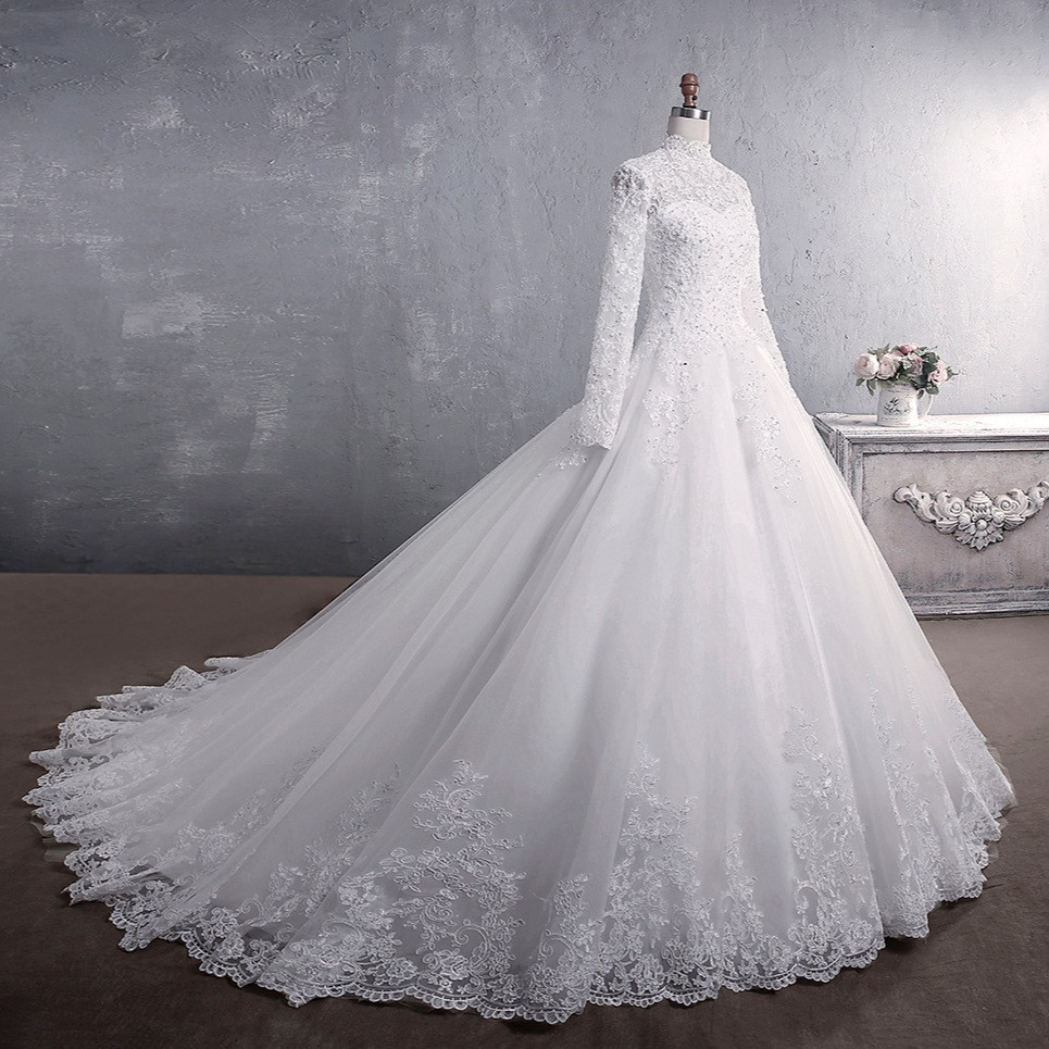 White/Ivory Lace Wedding Dresses BallGown Long Sleeve Applique BridalGown Custom