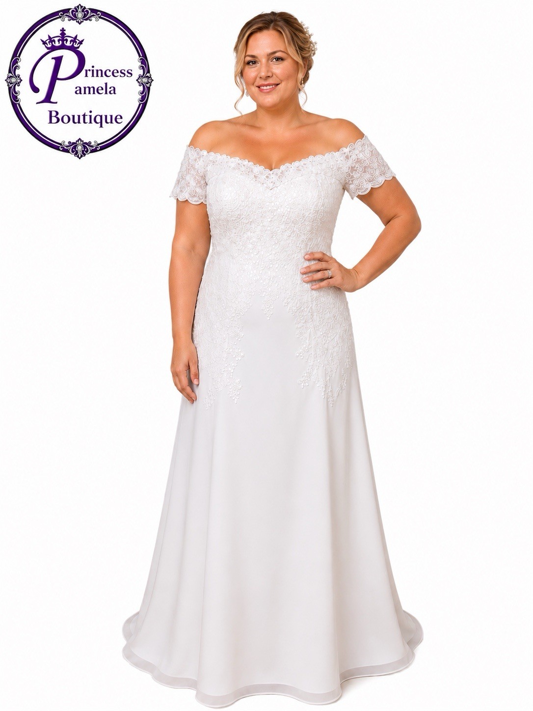 #8-16 White Off The Shoulder Sequin Appliqué Chiffon Long Dress-3X/Size 22/24