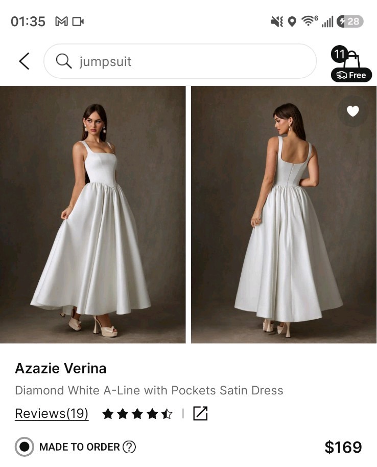 Azazie Verina White Sleeveless Square Neck A-Line Satin WEDDING DRESS
