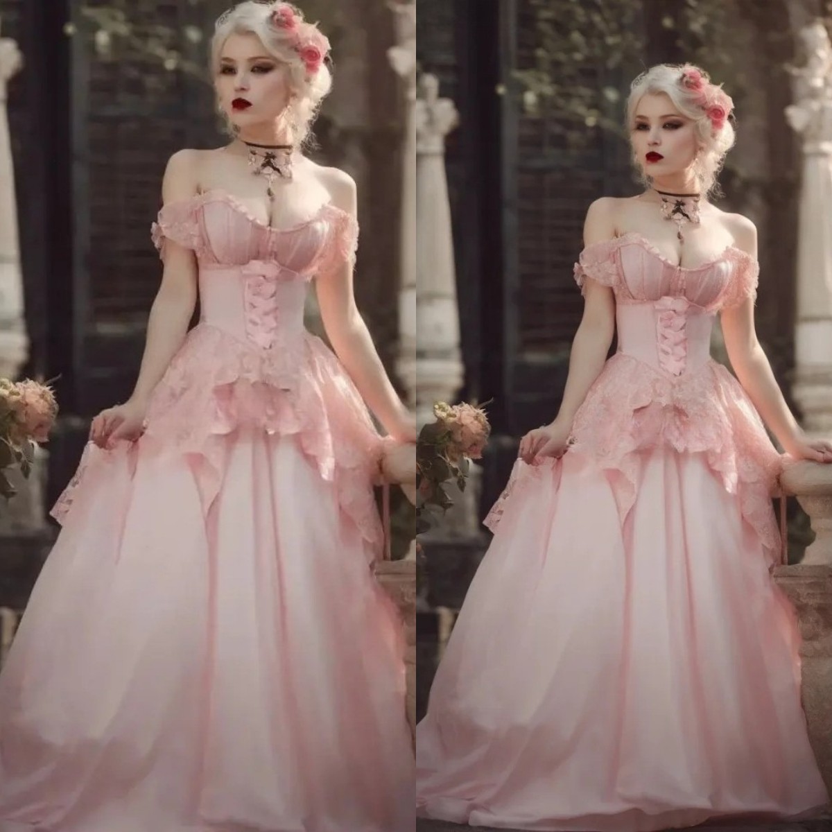 Blush Pink Wedding Dress Lace Off Shoulder Vintage Victorian Special Occasion