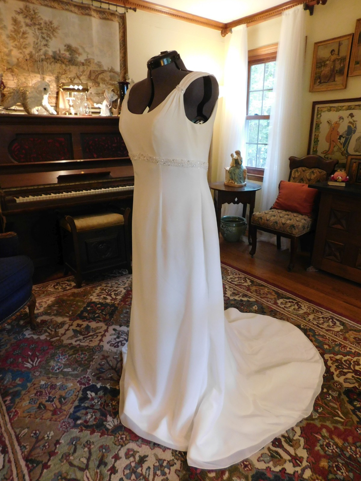 BEAUTIFUL WHITE GALINA CHIFFON & TAFFETA A-LINE BEADED WEDDING GOWN S 14