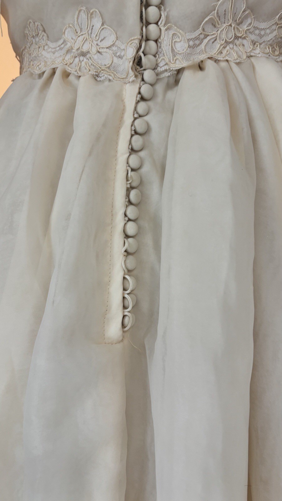 VTG 60s OffShoulder Ivory Wedding Gown Dress Lace Ruffle Romantic Fairytale XS/S