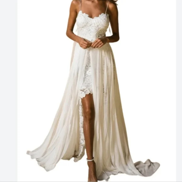WEDDING Women’s Beach Romantic White Dress Sweatheart Chiffon With Lace Size-M
