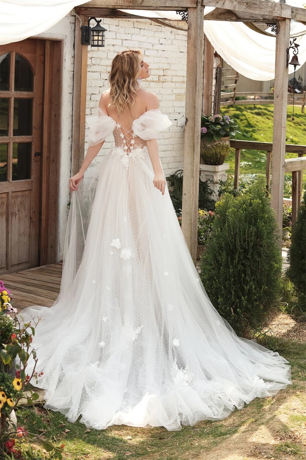 Boho Off The Shoulder V-neck 3d Flower A Line Wedding Dresses Side Slit Custom