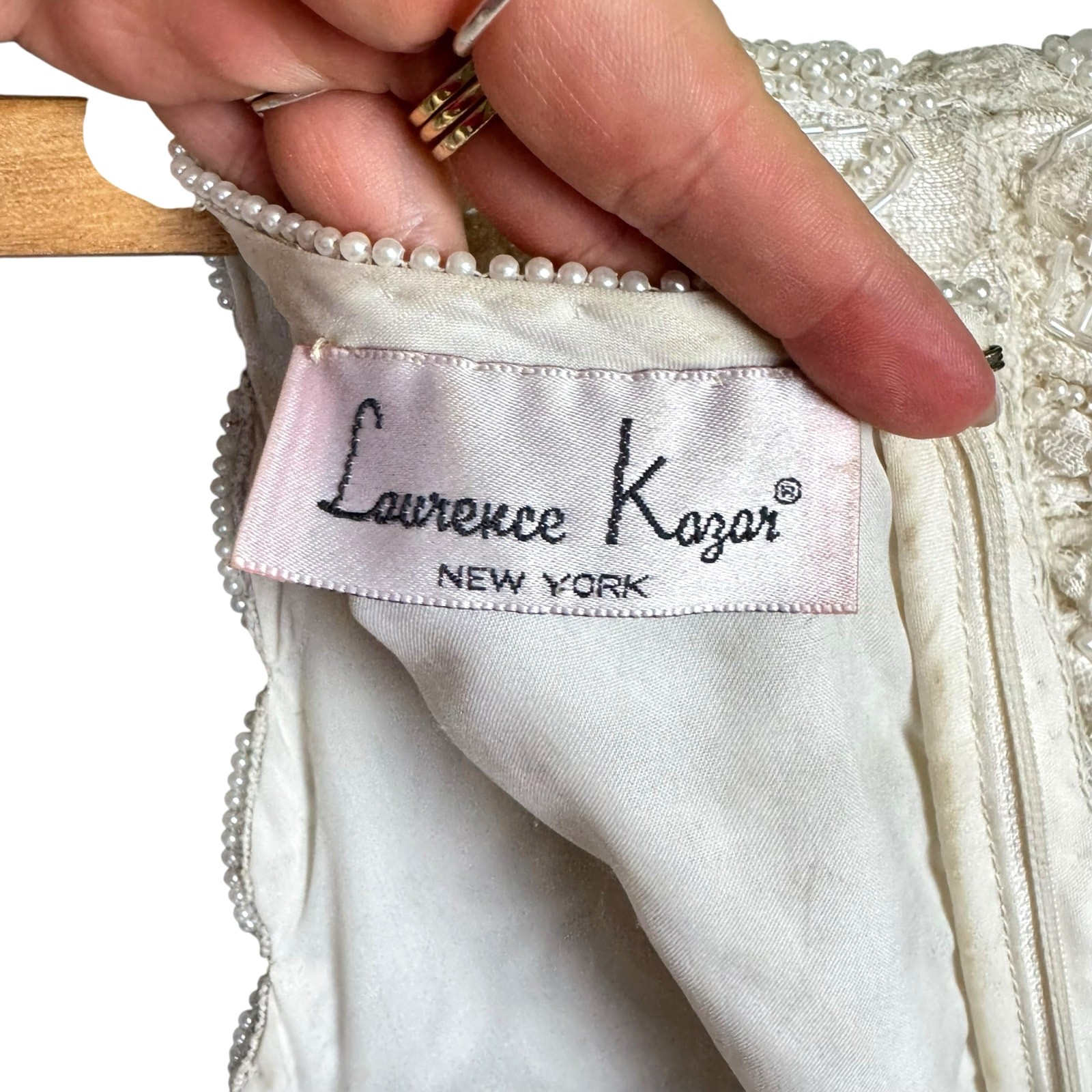 Vintage Laurence Kazar Sz 12 Full Length Pearl Beaded Lacy V Neck Wedding Dress