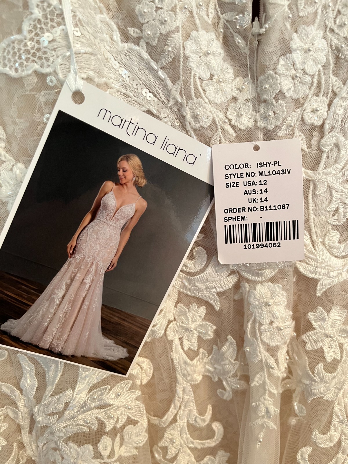 Designer Gown, Kleinfelds, $3,200. Martina Liana, Lace, pearls, Never worn.