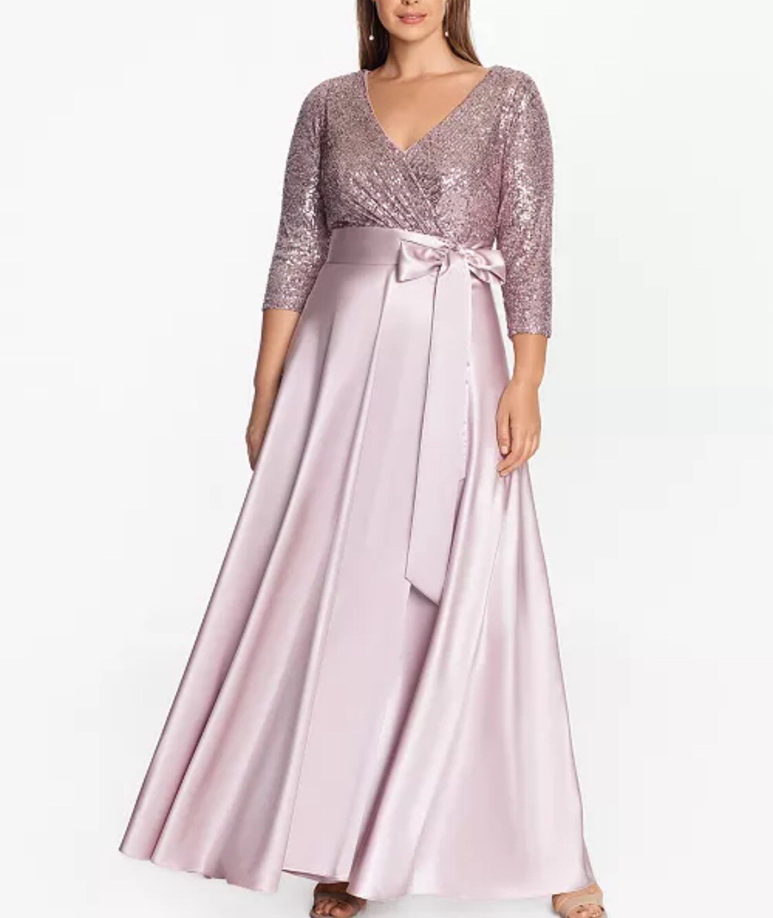 Xscape 3/4 Sleeve Sequin Top Stain Ballgown Mauve Size 12 Bow Formal Wedding