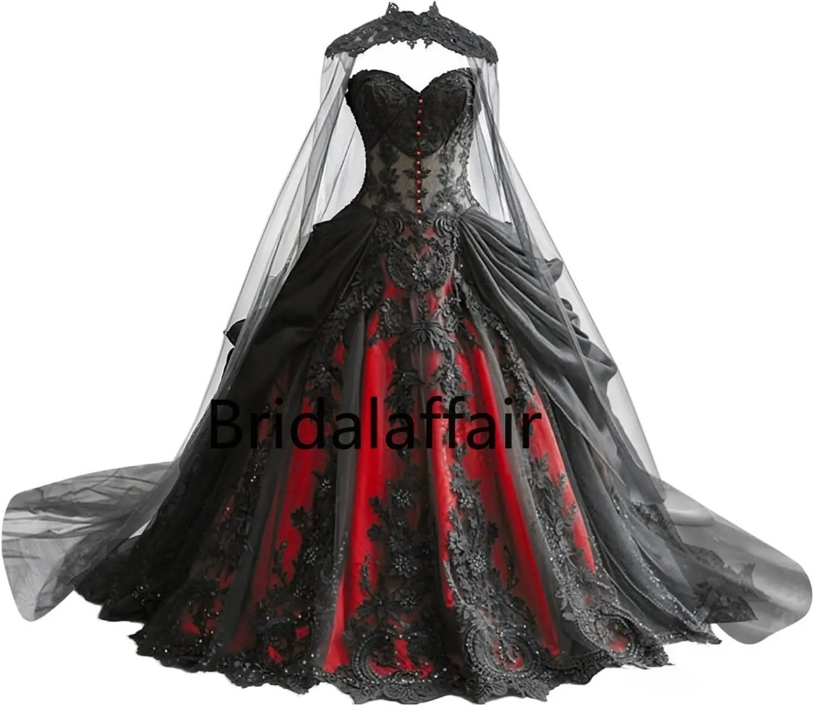 Gothic Weeding Dresses Lace Applique Bridal Dresses Tiered Tulle with Cape