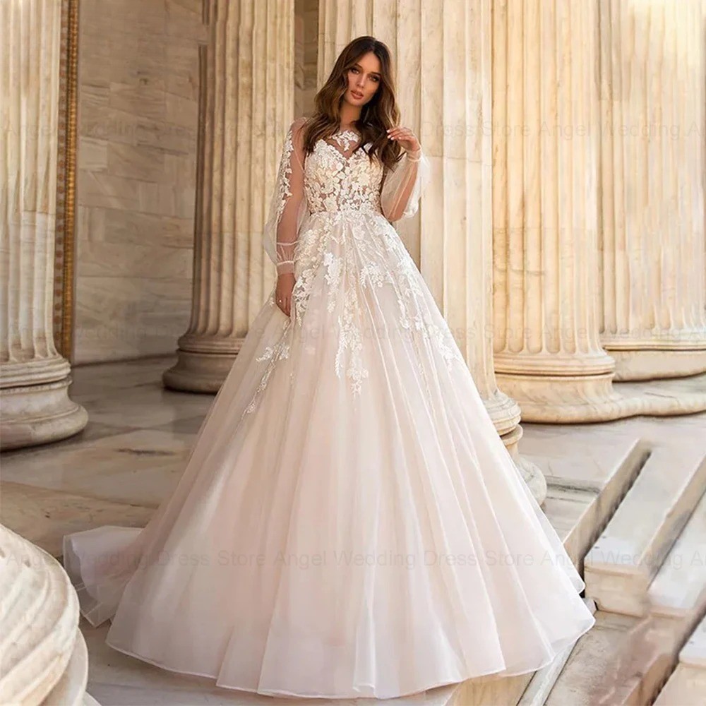 Elegant Puff Sleeves Weddng Dresses Lace Appliques A-Line Illusion Bridal Gowns