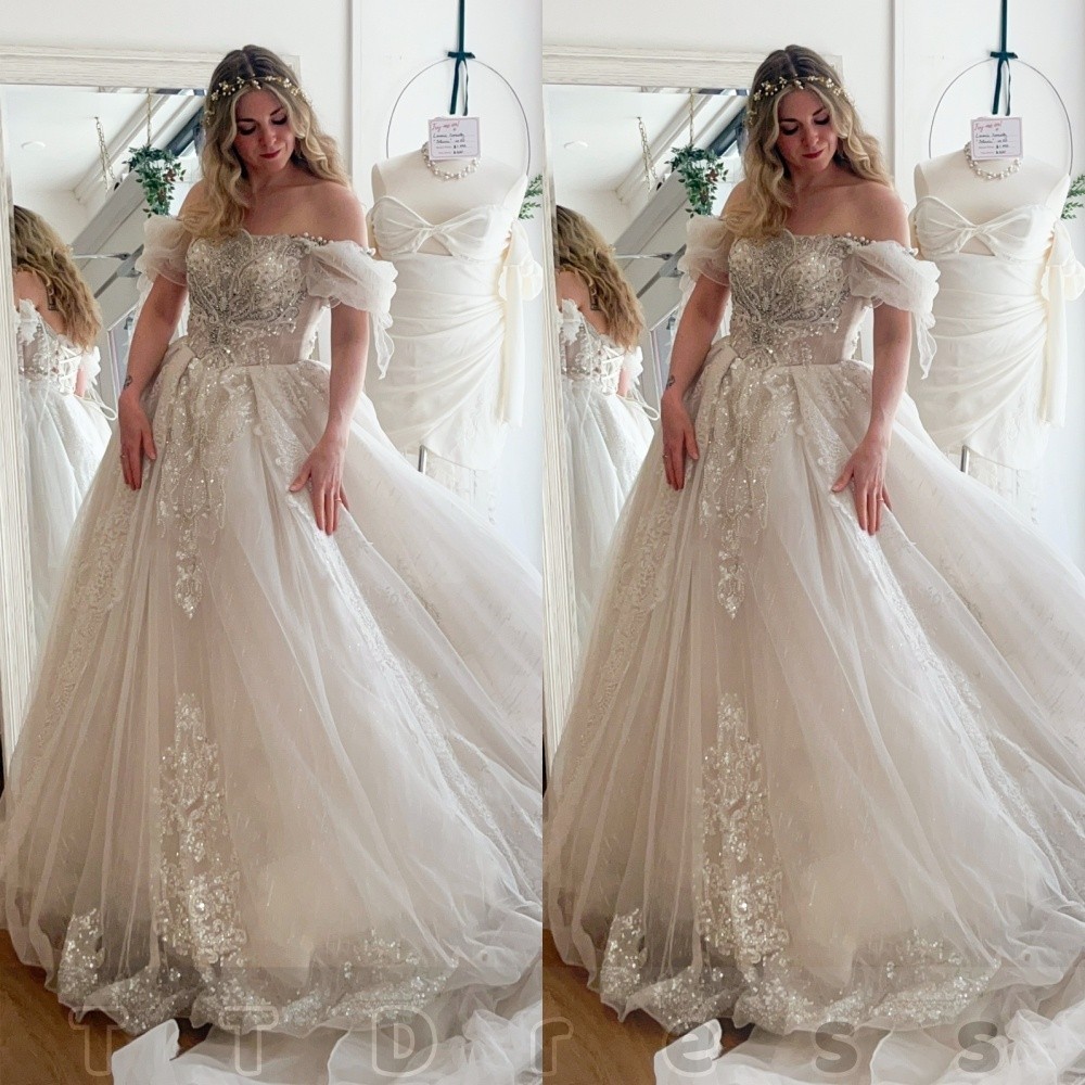 Off Shoulder Wedding Dresses Sparkle Sequin Lace Appliques A Line Bridal Gowns