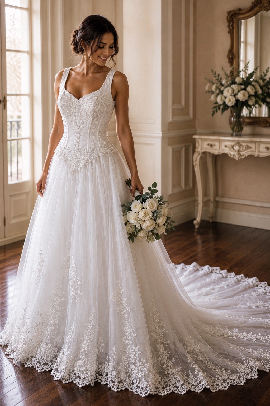 Vintage Mary’s Bridal Corset Lace Wedding Dress Beaded Train Ivory Bridal 8/10