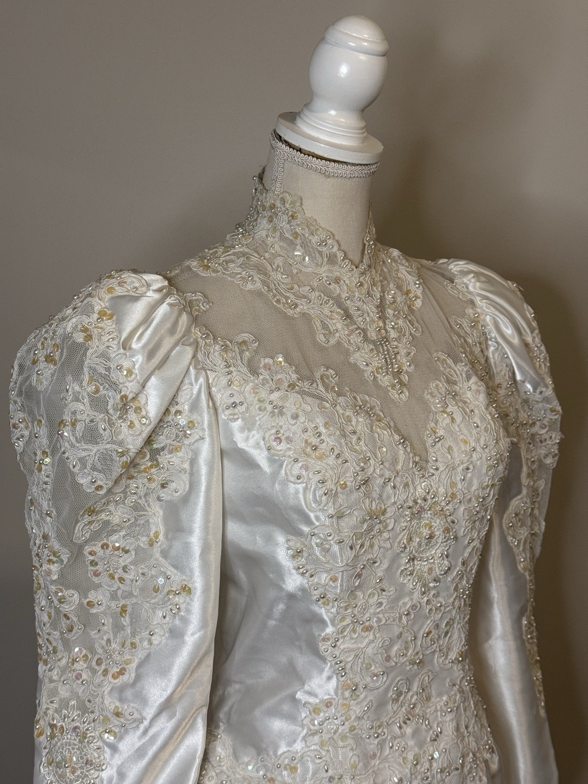 Vtg Mori Lee Satin Wedding Dress High Neck Puffed Sleeves Beading Lace Sz 8