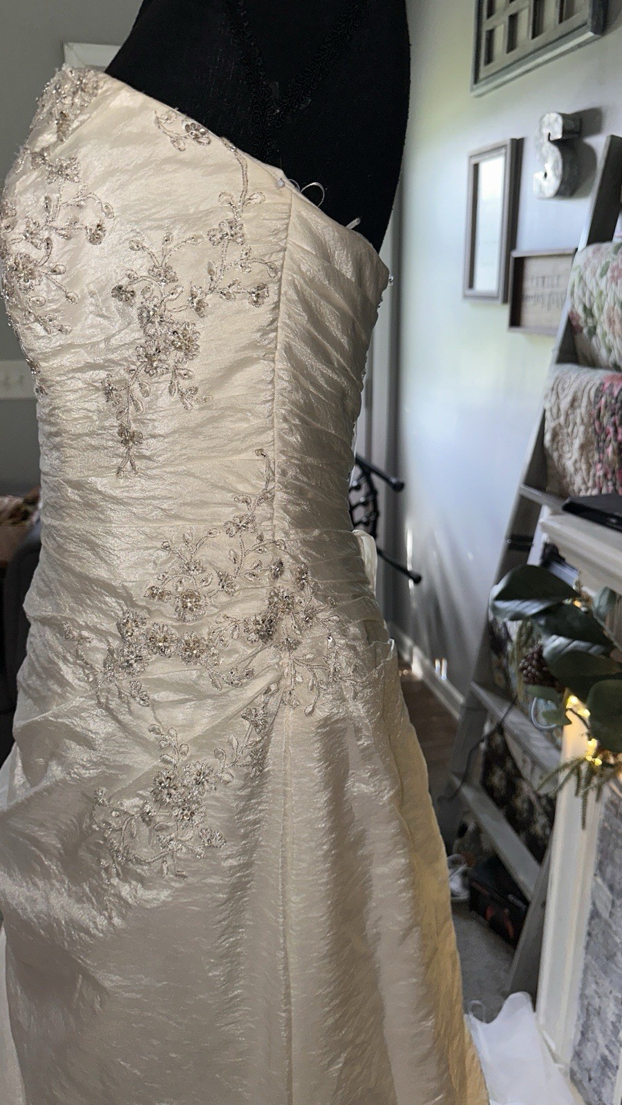 White Silver Strapless Embroidered Ball Gown Wedding Dress Size 14