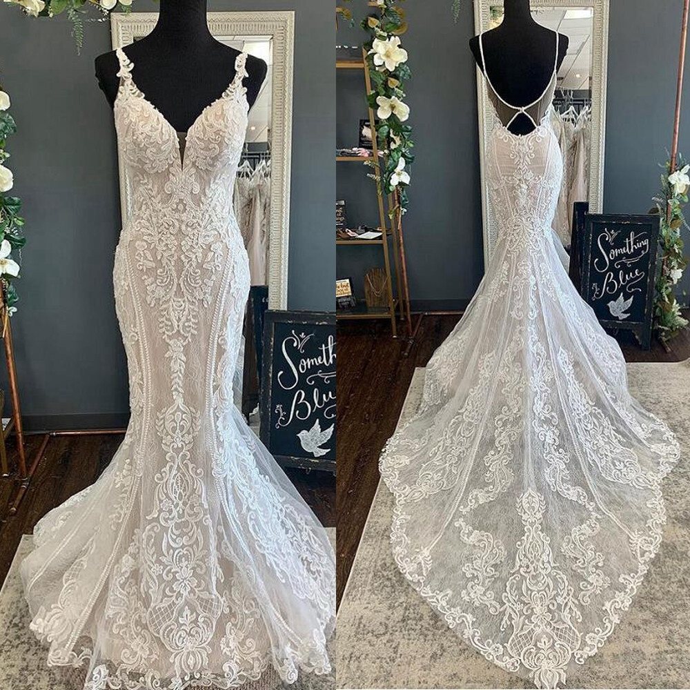 Mermaid Wedding Dresses Straps Backless Lace Appliques Sweep Train Bridal Gowns