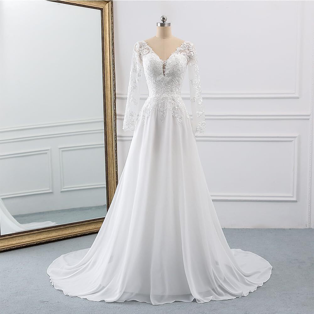 Women’s Chiffon Wedding Dress – Lace Appliques Off-The-Shoulder Bridal Gown