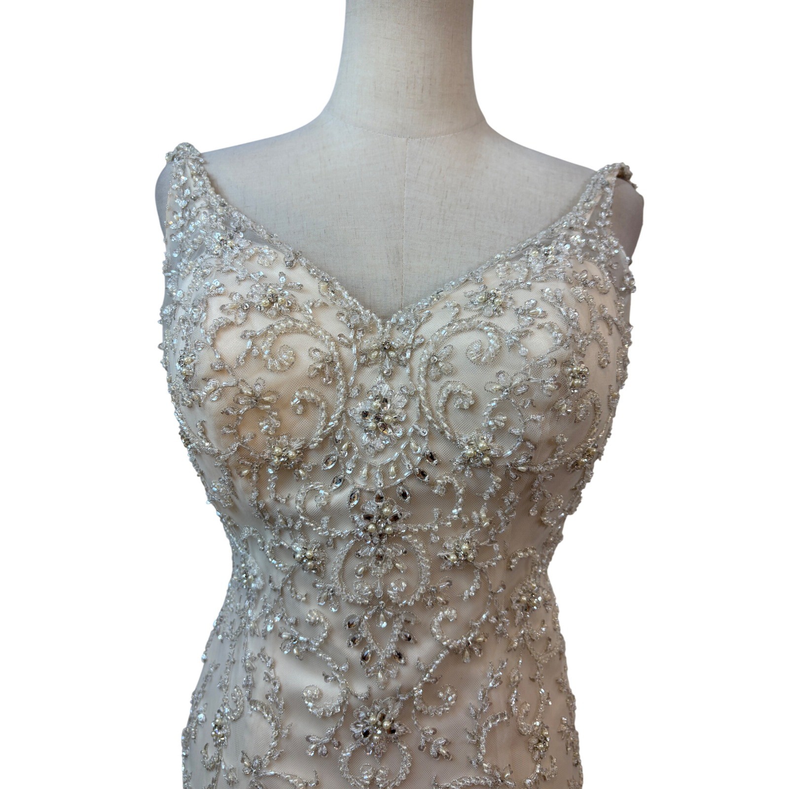Stella York Wedding Gown 10 Champagne Mermaid Beaded Open Back train drop waist