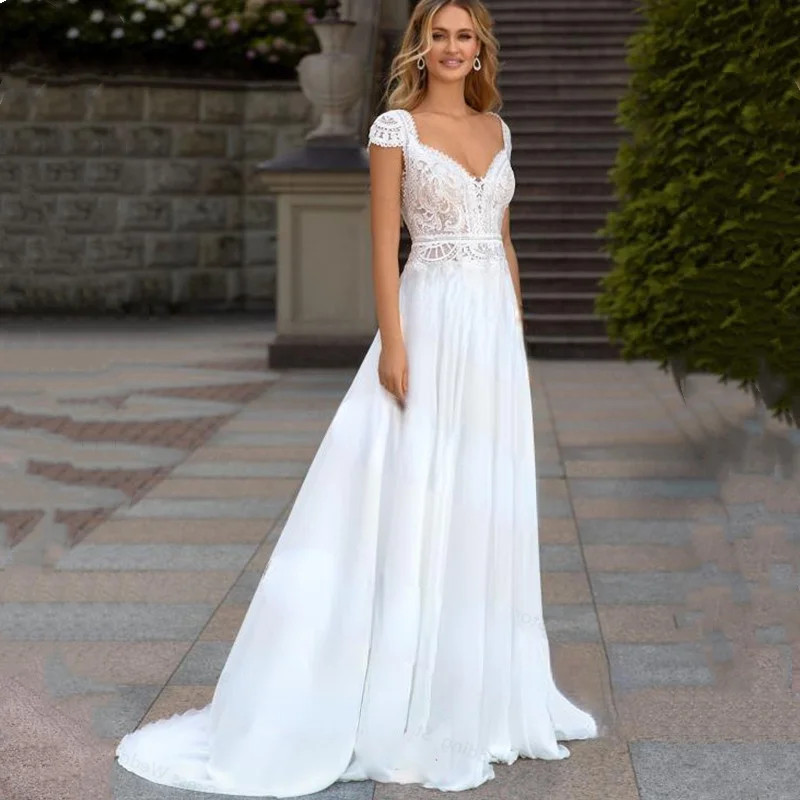 Boho Lace Chiffon V-Neck Wedding Dresses Backless Beach Cap Sleeve Sweep Train