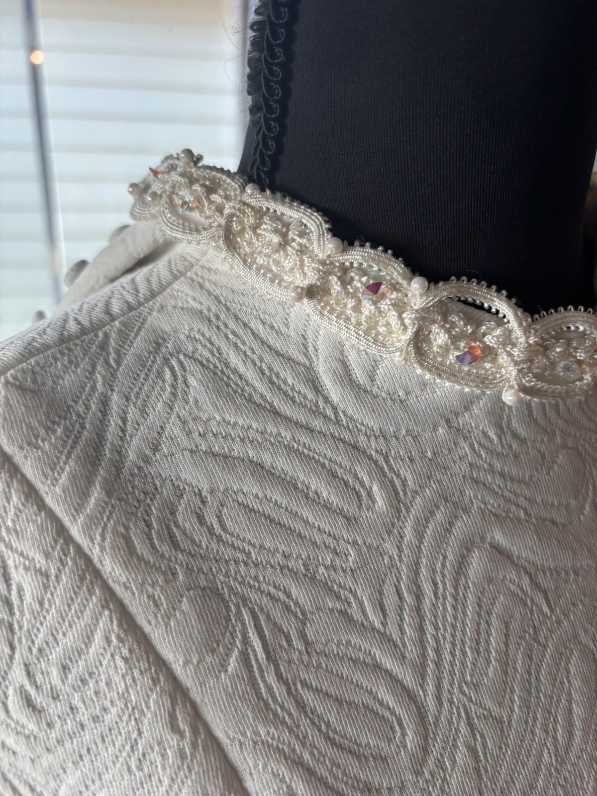 Vintage MCM 1960s Ivory Jacquard Wedding Dress bridal beaded Lace bell sleeves