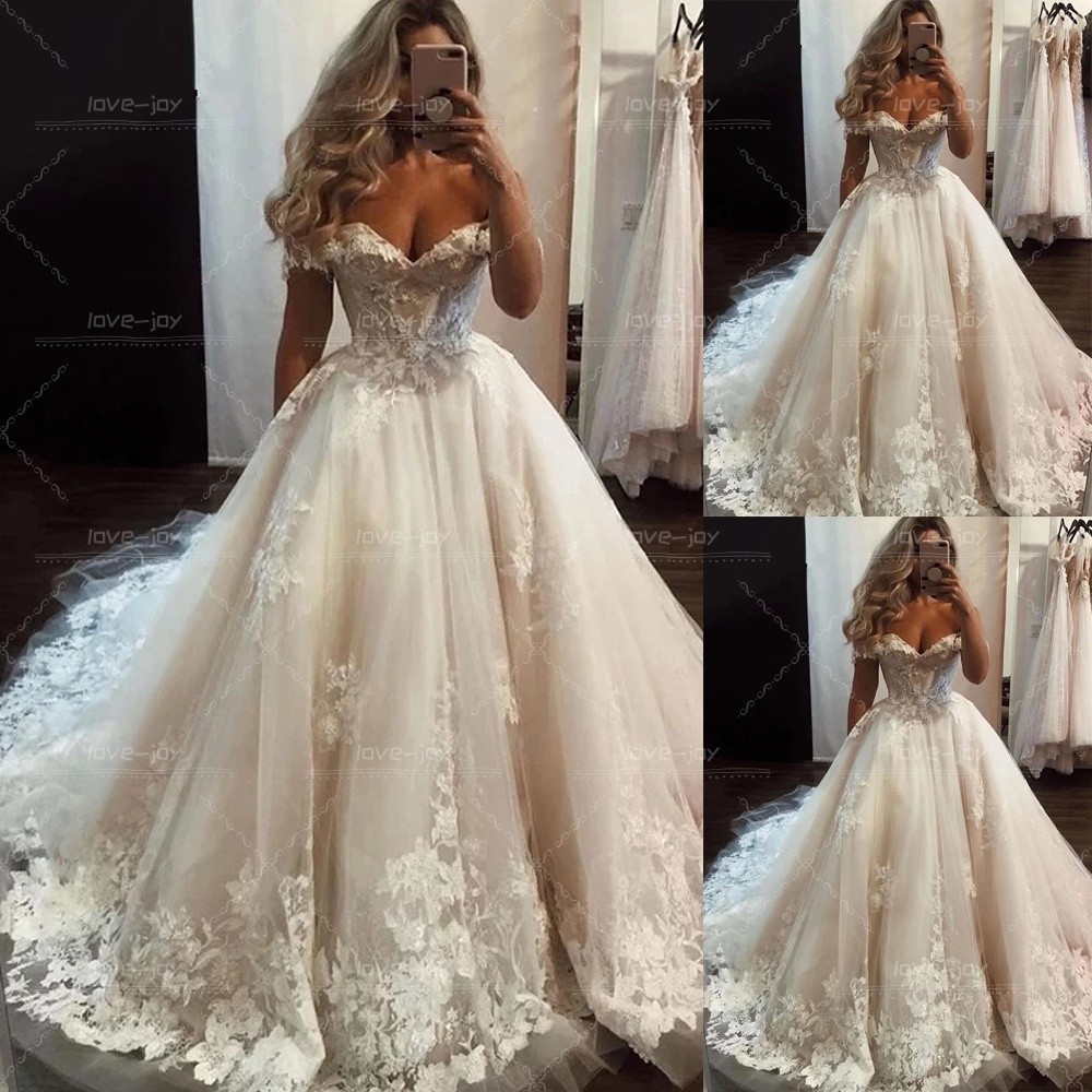 Wedding Dresses Off The Shoulder Lace Applique Sweep Train A-Line Bridal Gowns