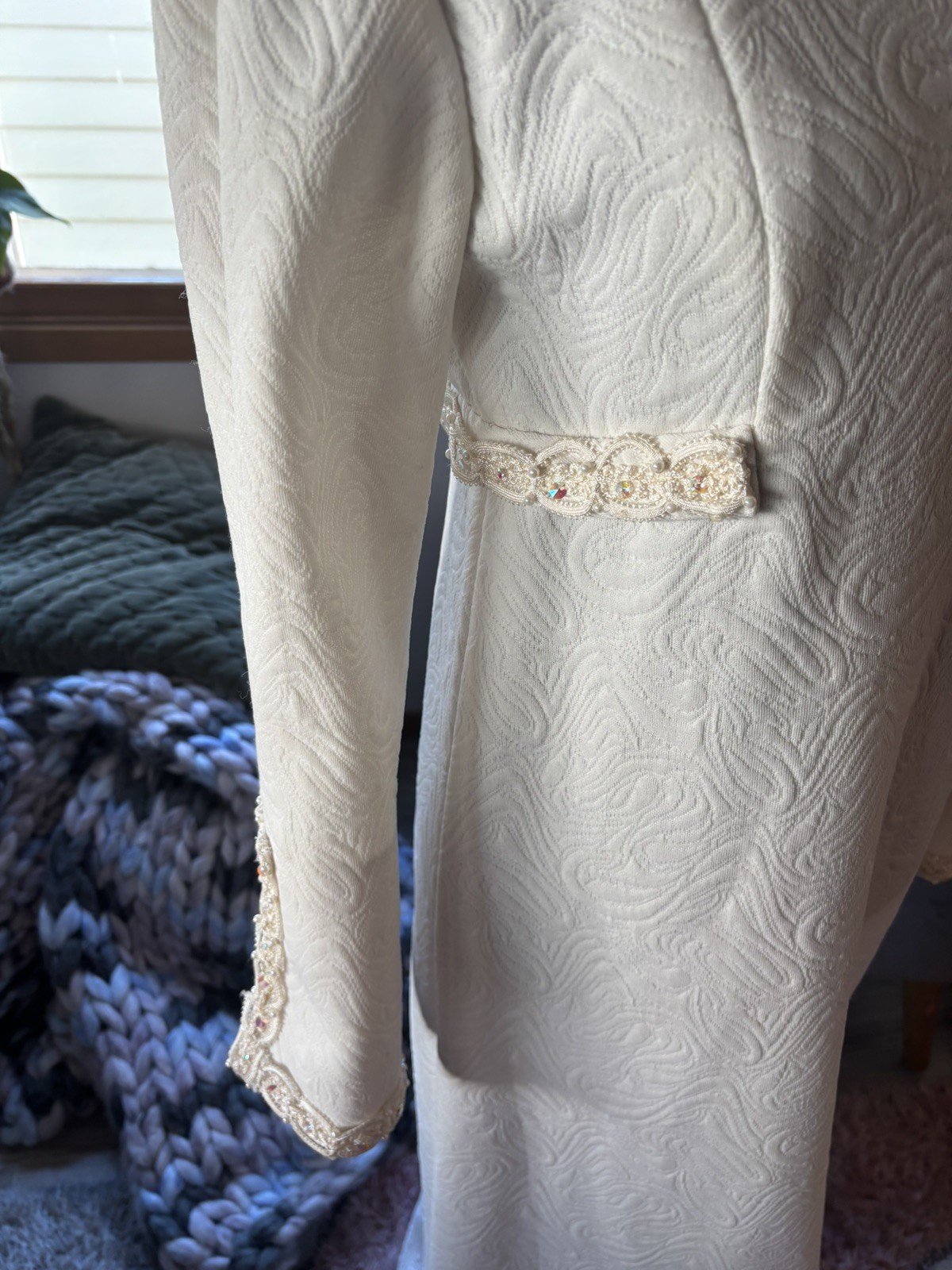 Vintage MCM 1960s Ivory Jacquard Wedding Dress bridal beaded Lace bell sleeves