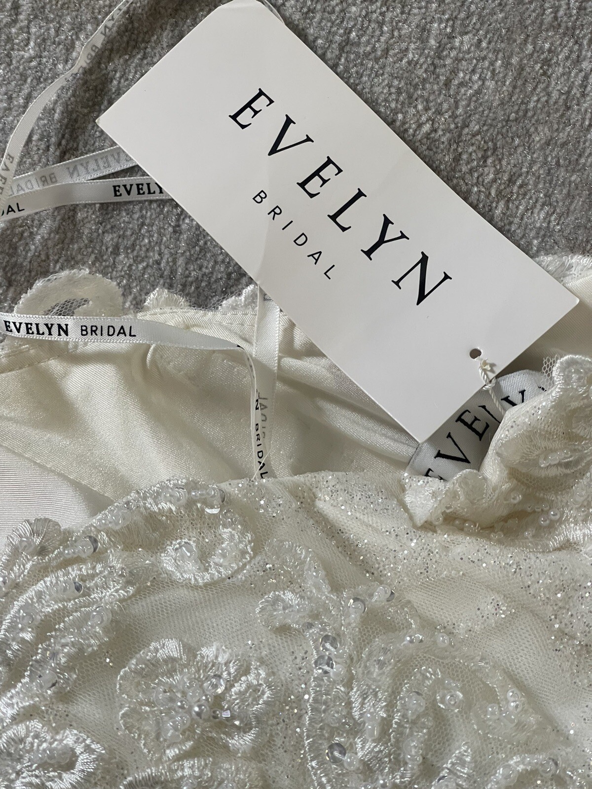 Evelyn Bridal Annika S201363 strapless metallic sparkle lace sheath gown Train